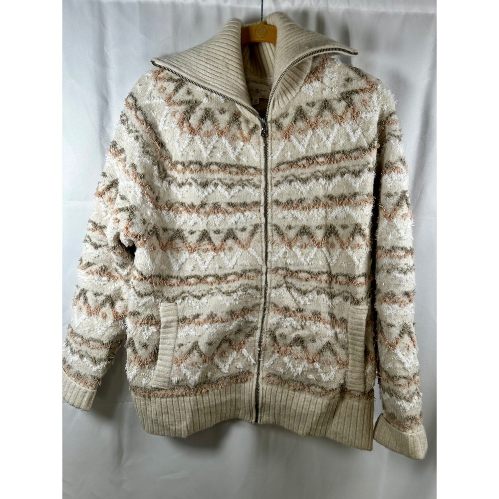 Lou & Grey Womens XS Full Zip Fair Isle Eyelash Knit Sweater Jacket Cream Tan